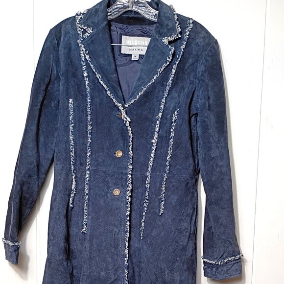 Wilsons Leather Jackets & Blazers - VTG Wilsons Leather Maxima Navy Blue Fringe Trench Coat Womens Medium Y2K 90s
